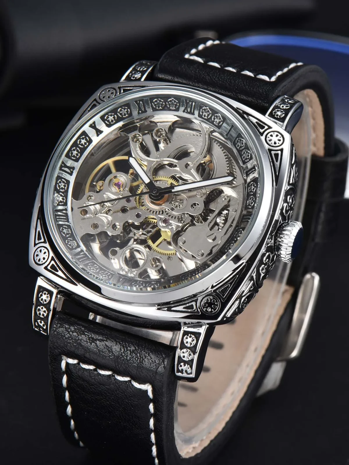 LONGLUX automatic watch retro style wholesale mechanical wristwatches skeleton carve waterproof leather no logo mens watch 1