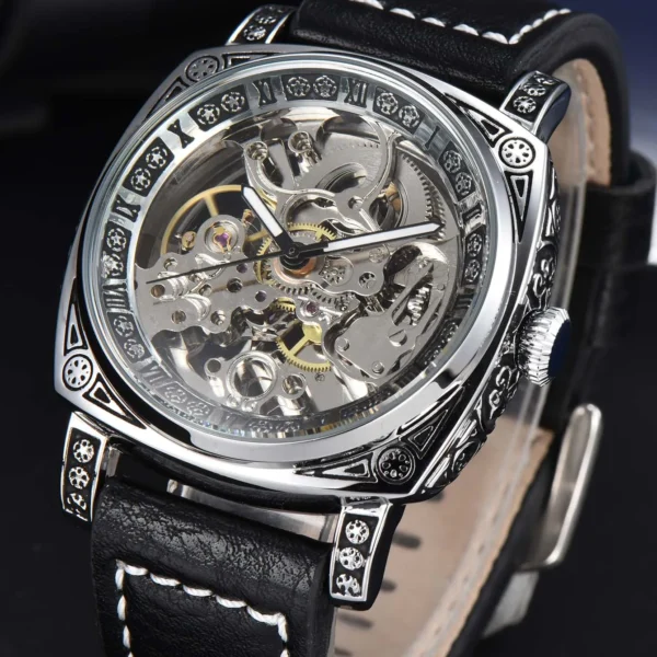 LONGLUX automatic watch retro style wholesale mechanical wristwatches skeleton carve waterproof leather no logo mens watch 1
