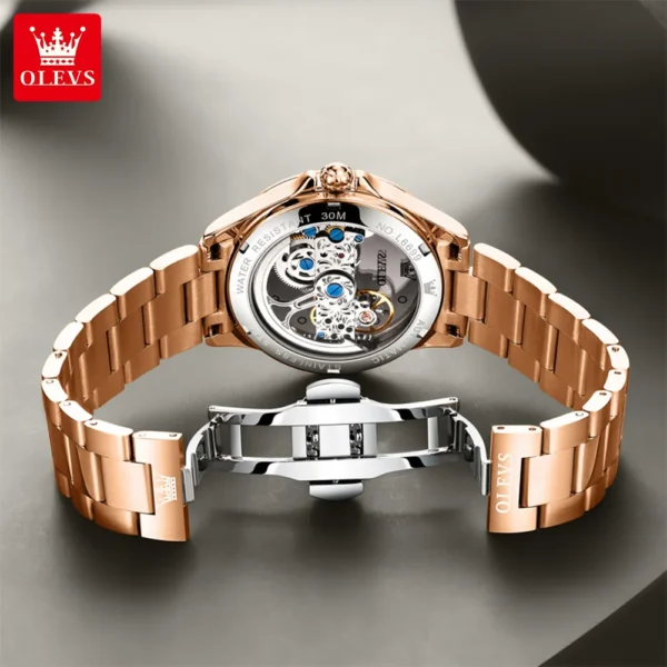 OLEVS Fashion Elegant Women's Automatic Mechanical Watches Rose Stainless Steel Hollow out Design Diamond Dial Luminous Watch 2