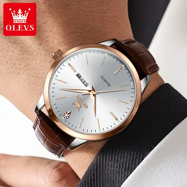OLEVS Fashion Business Brand Original Men Watches Leather Strap Trend Week Calendar Quartz Watch Luminous Waterproof 43mm Dial 2