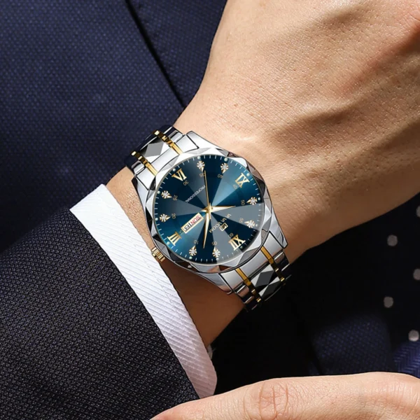 Men Watch Water Diamond Luxury Night Glow Double Calendar Quartz Movement 41mm Blue Gold Stainless Steel Fashion Business Watch 2