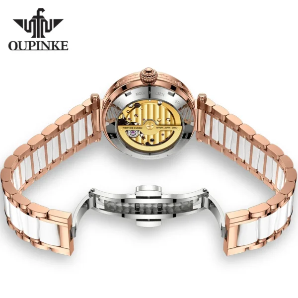 OUPINKE NO:3211 Women Watch Ceramic Strip Waterproof Bracelet Watch Box Set Automatic Mechanical Watch Hollow Deer Diamond Dial 2