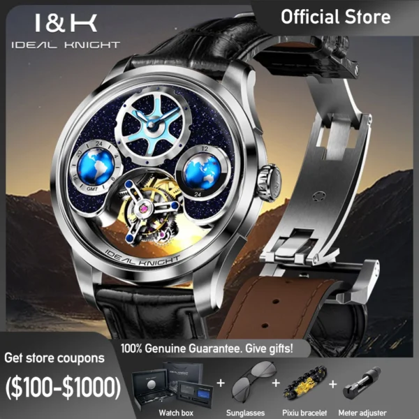 IDEAL KNIGHT Top Brand Luxruy Mens Watch Advanced Tourbillon Automatic Mechanical Watch Waterproof Luminous Dual Region Time 2