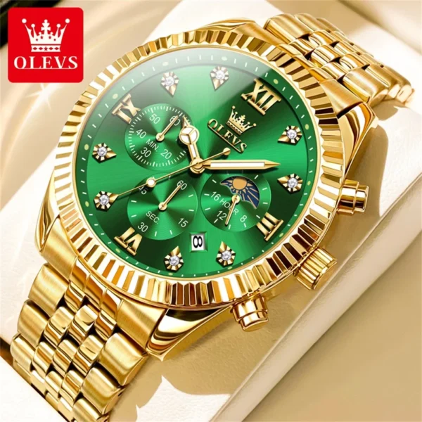 OLEVS Men's Watches Luxury Gold Original Quartz Watch for Man Waterproof Classic Commemorative Strap Moon Phase Chronograpgh 2