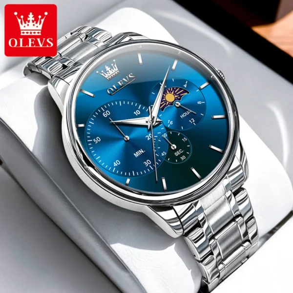 OLEVS Moon Phase Men's Watch Simple Casual Original Fashion Quartz Watch for Men Waterproof Luminous Stainleess Steel Wristwatch 1