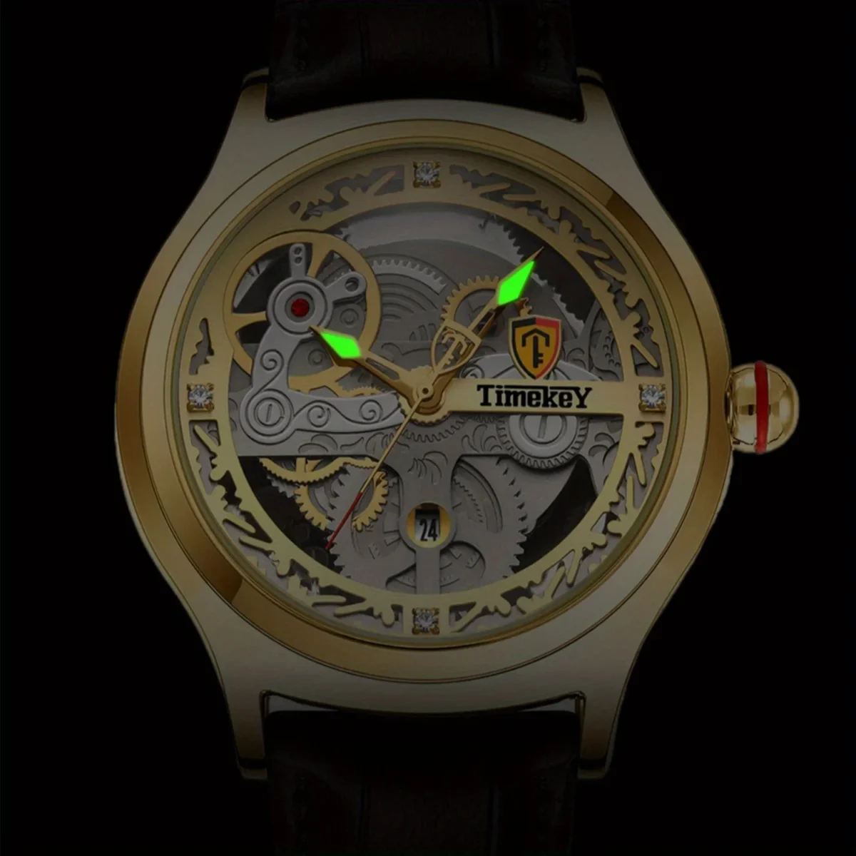 TimeKey-Fashion Classic Mechanical Style Stainless Steel Buckle Skeleton Dial Screw Crown Luminous Men's Quartz Watch 4