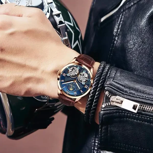 Ailang men's watch double flywheel 2020new leather fashion stainless steel automatic Moon phase famous mechanical watch 2