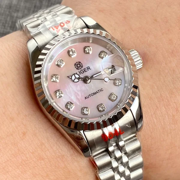 Bliger Dress Silver Rose Gold Fluted Bezel 26mm Pink MOP Diamond Dial Sapphire NH05 Automatic movement Watches for Women 2