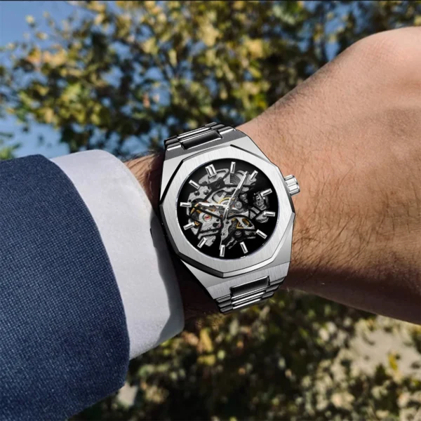 FORSINING Fashion Automatic Mens Watches Top Brand Mechanical Transparent Waterproof Military Stainless Steel Sport Wristwatches 1