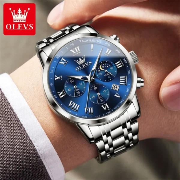 OLEVS Top Luxury Brand Men's Watches Luminous Moon Phase Stainless Steel Chronograp Calendar Quartz Watch Original Wristwatch 2