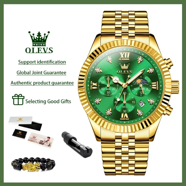 OLEVS Men's Watches Luxury Gold Original Quartz Watch for Man Waterproof Classic Commemorative Strap Moon Phase Chronograpgh 1