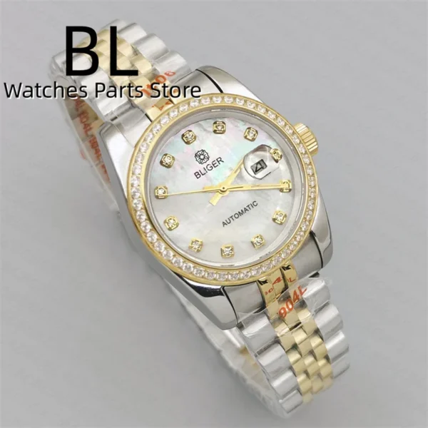 BLIGER 31mm Luxury Women Automatic Watch Two Tone Gold Bracelet Diamond Bezel Sapphire Glass  White Mother Pearl Dial Waterproof 1