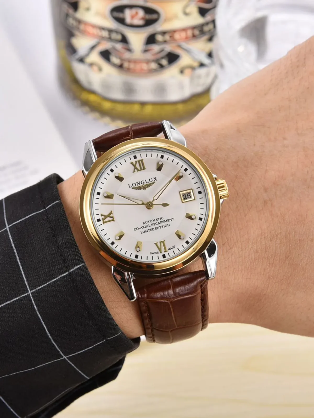 LONGLUX automatic man watch business leisure dating mechanical wristwatches day date waterproof leather  mens watch men gift 3