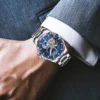 GLENAW Rotating Earth Double Second Hand WristWatch Men Automatic Mechanical Watch Starry Sky Stainless Steel Leather Watchband 3
