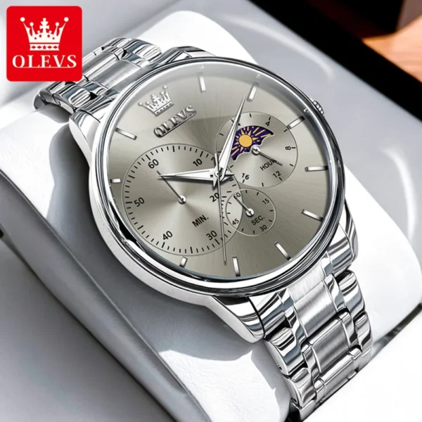 OLEVS Moon Phase Men's Watch Simple Casual Original Fashion Quartz Watch for Men Waterproof Luminous Stainleess Steel Wristwatch 2