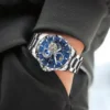 GLENAW Rotating Earth Double Second Hand WristWatch Men Automatic Mechanical Watch Starry Sky Stainless Steel Leather Watchband 2