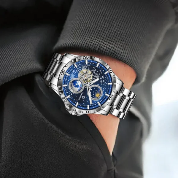 GLENAW Rotating Earth Double Second Hand WristWatch Men Automatic Mechanical Watch Starry Sky Stainless Steel Leather Watchband 2
