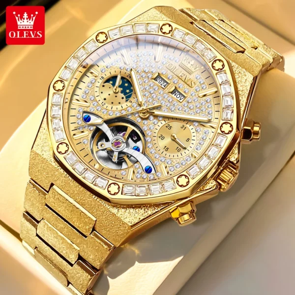 OLEVS 9805 High end Men Watches  Waterproof Moon Phase Diamond Dial Fashion Luxury Mechanical Watch Skeleton Original Wristwatch 1
