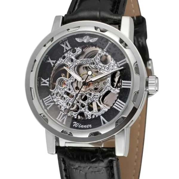 WINNER Fashion men's and women's watches black and silver hollow design creative dial leather strap automatic mechanical watches 2