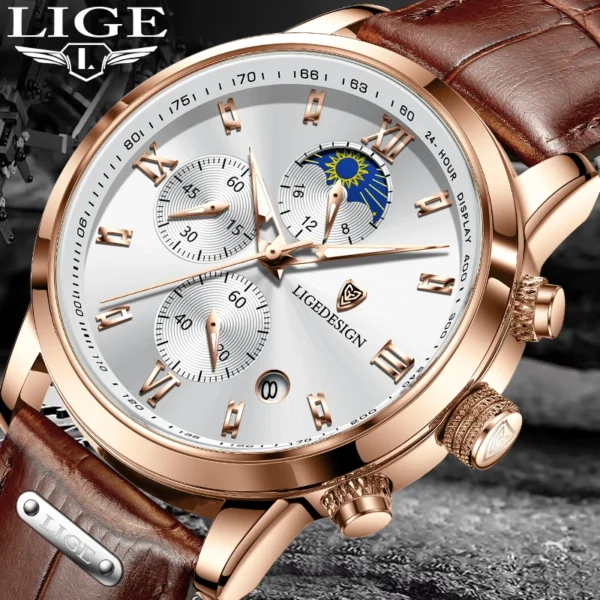 LIGE Business Watch Men Fashion Leather Military Waterproof Men's Quartz Wristwatches Casual Sports 24 Hour Moon Phase Watch Men 1
