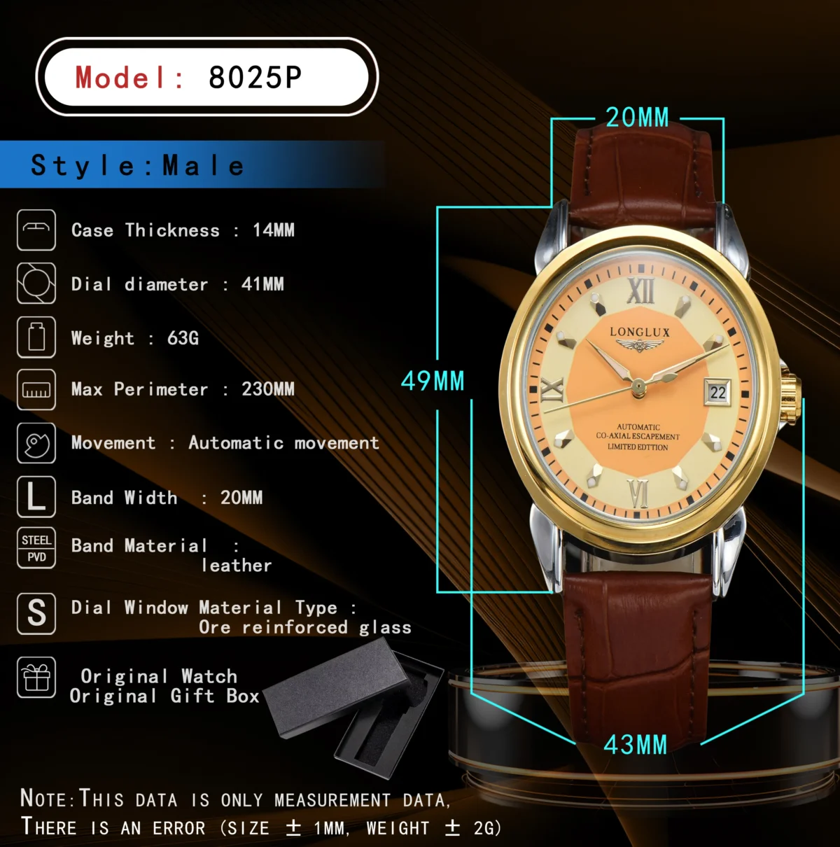LONGLUX automatic man watch business leisure dating mechanical wristwatches day date waterproof leather  mens watch men gift 6
