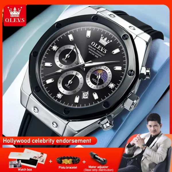 OLEVS 9911 Mens Watch Original Quartz Watch Waterproof Watch For Man Moon Phase Silicone Strap Multifunctional Chronograph Watch 1