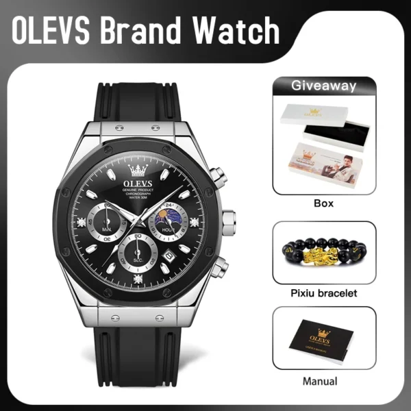 OLEVS 9911 Mens Watch Original Quartz Watch Waterproof Watch For Man Moon Phase Silicone Strap Multifunctional Chronograph Watch 2