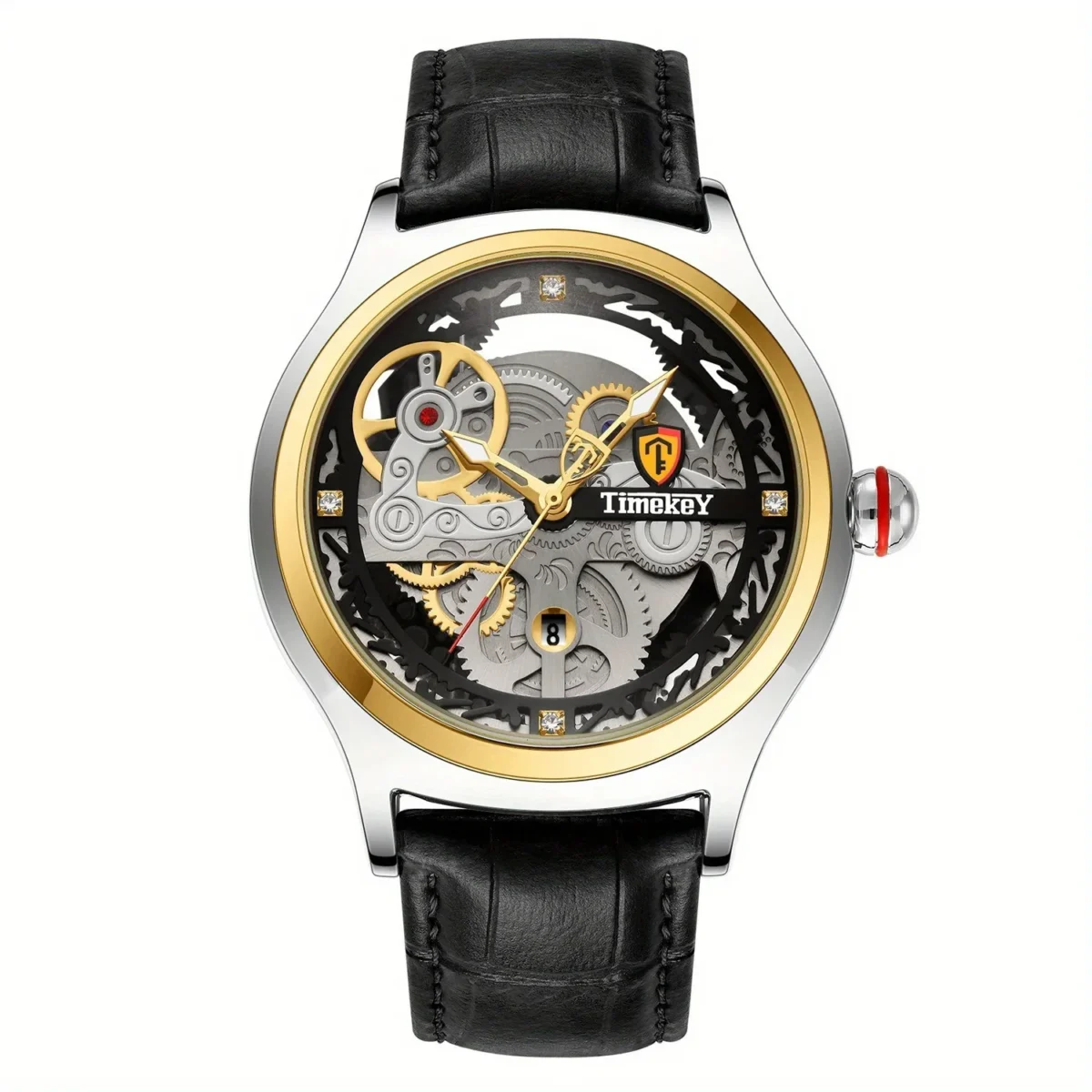 TimeKey-Fashion Classic Mechanical Style Stainless Steel Buckle Skeleton Dial Screw Crown Luminous Men's Quartz Watch 1