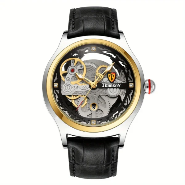 TimeKey-Fashion Classic Mechanical Style Stainless Steel Buckle Skeleton Dial Screw Crown Luminous Men's Quartz Watch 1