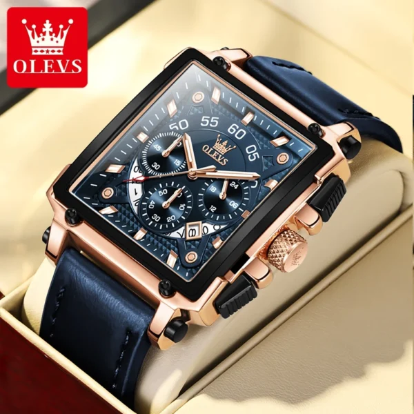 OLEVS Luxury Brand Men's Watches Square Large Dial Waterproof Quartz Watch Male Chronograph Calendar Leather Strap Original 1