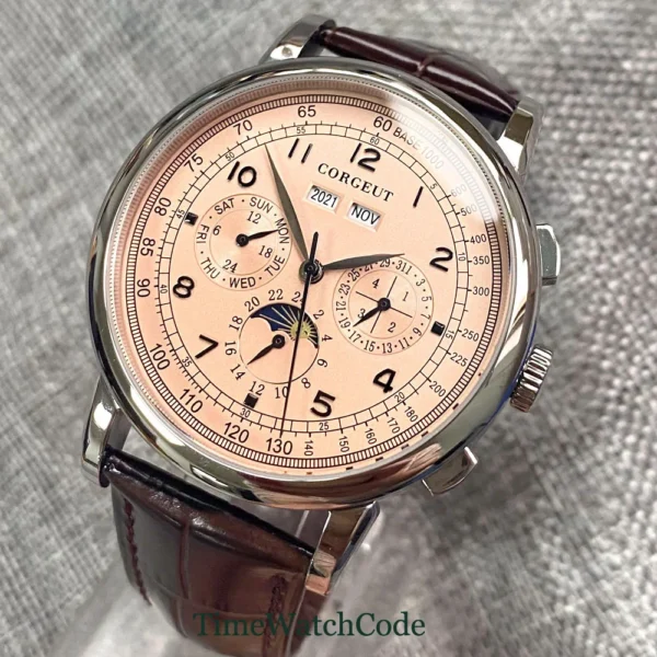 Corgeut 42mm Automatic Men's Watch Date Day Month Year Salmon Dial Multifunction 316L Leather Strap Polished Case Day Night 2