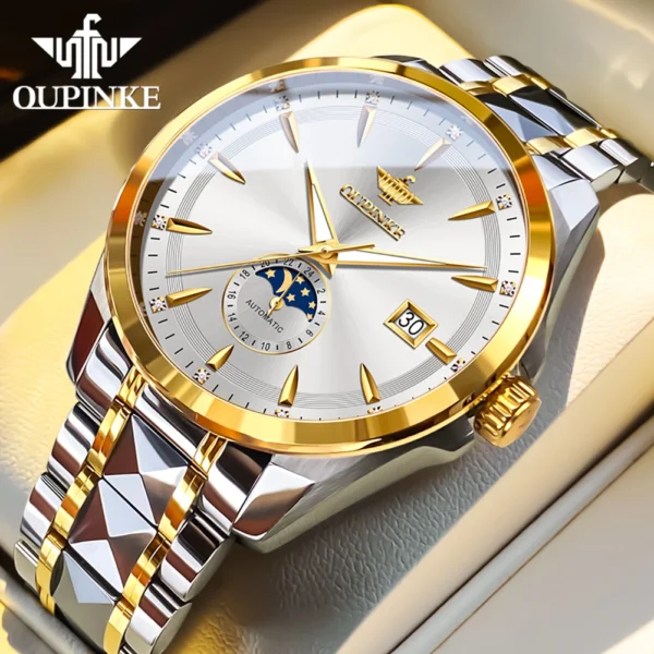 OUPINKE Moon Phase Men's Watches Tungsten steel Dalendar Sapphire Automatic Mechanical Watch 50m Waterproof Luminous Wristwatch 1
