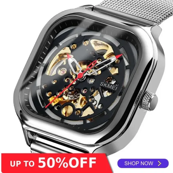 SKMEI Mechanical Watch Men Automatic Watch Quartz Waterproof Hollow Art Strainless Steel Strap montre homme Fashion Clock 9184 1
