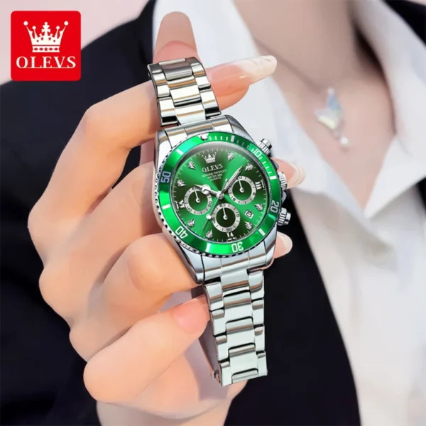 OLEVS Original Brand Women's Watches Classic Three Eyed Dial Date Luminous Chronograph Stainless Steel Waterproof Quartz Watch 1