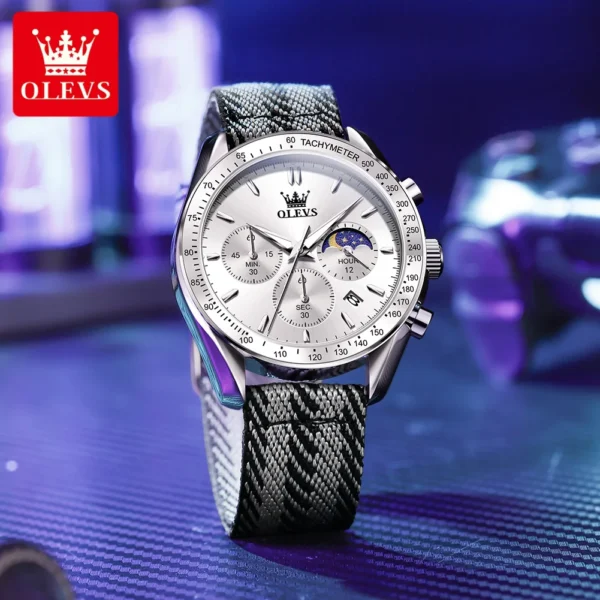 OLESV Original Brand Fashion Men's Quartz Watches Nylon Strap Moon Phase Chronograph Male Watch Calendar Trendy Authentic Watch 2
