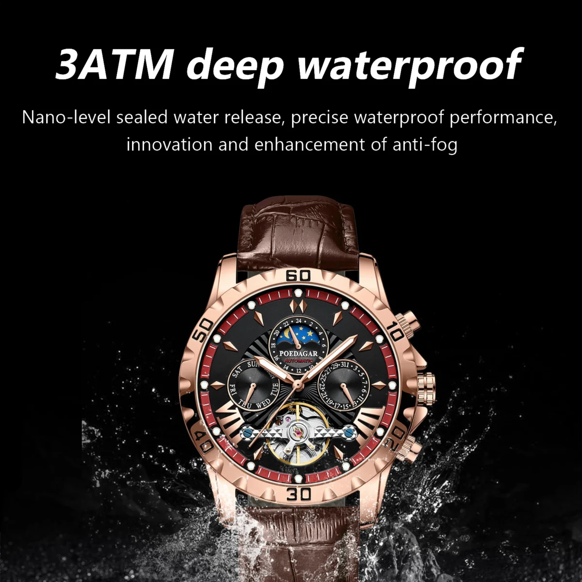 POEDAGAR Tourbillon Automatic Mechanical Wristwatch Waterproof Luminous Date Week Leather Men Watch Luxury Fashion Men's Watches 3