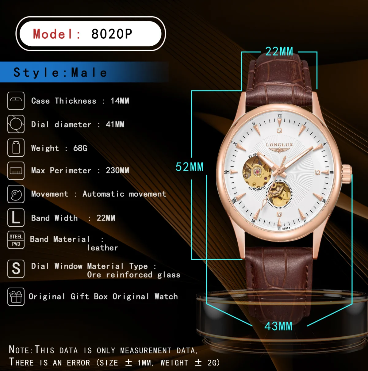 LONGLUX automatic watch elegant style wholesale mechanical wristwatches skeleton rome waterproof  mens watch men gift 5