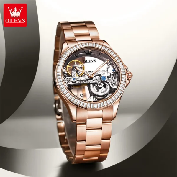 OLEVS Rose Gold  Automatic Mechanical Skeleton Watch For Man Watches Waterproof Wristwatches Rhinestone Luxury New Reloj Mujer 1