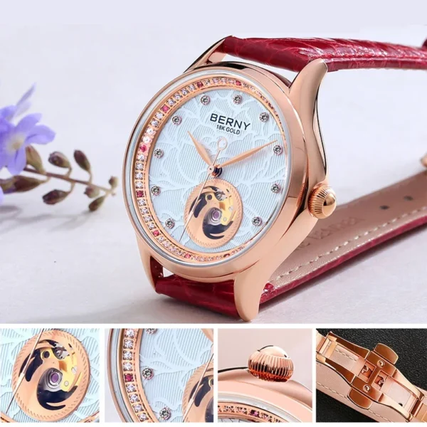 BERNY Luxury 18K Gold Mechanical Watch for Women Automatic Self-Wind Sapphire Ladies Wristwatch 72 Diamond 5ATM Skeleton Design 2