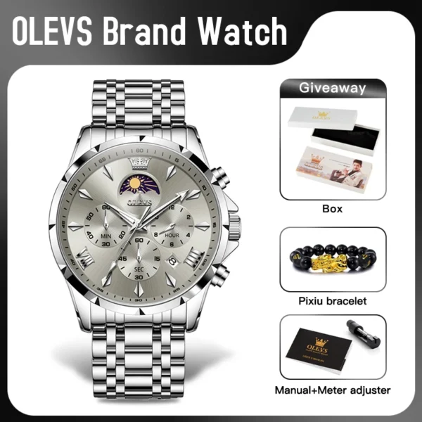 OLEVS 3653 Mens Watch Quartz Watch Multifunctional Chronograph Watch For Men 30M Waterproof Luminous Moon Phase Box Original 2