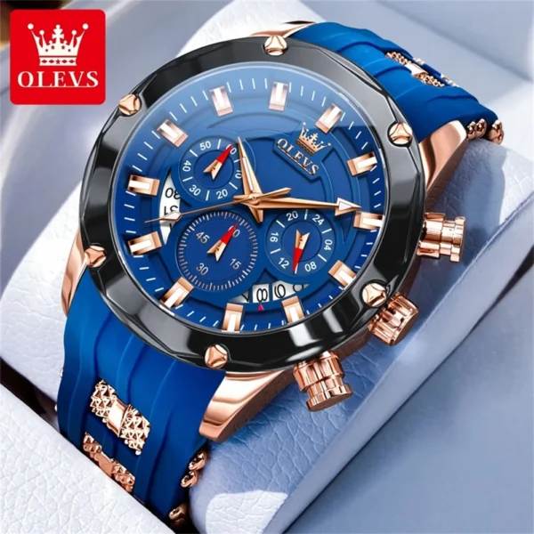 OLEVS New Original Men Watches Silicon Tape 45mm Large Dial Quartz Watch for Man Waterproof Chronograph Calendar Luminous Watch 1