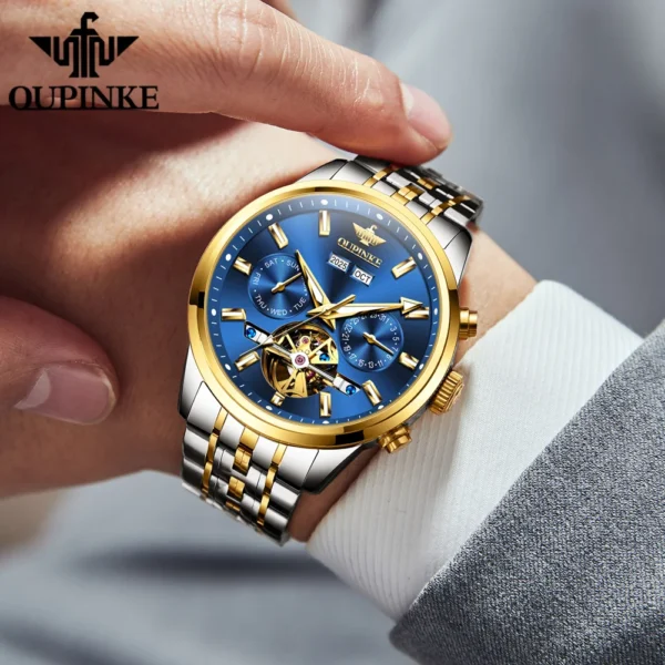 OUPINKE Brand Skeleton Original Watch Sapphire Hollow out Design Automatic Mechanical Watch Luminous Stainless Steel Wrist Watch 2
