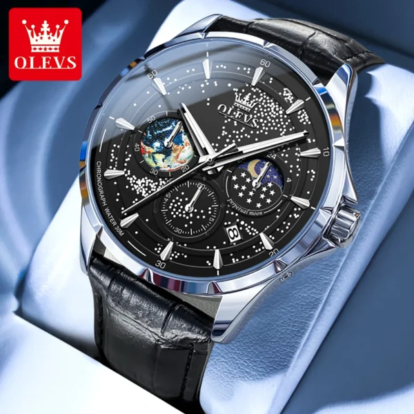 OELVS Men's Watches Top Brand Original Quartz Watch for Men Waterproof Leather Strap Lumious Wristwatch Chronograph Date Casual 2