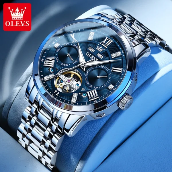 OLEVS Men's Watches Skeketon Flywheel Automatic Mechanical Original Wristwatch for Man Waterproof Luminous Perpetual Calendar 2