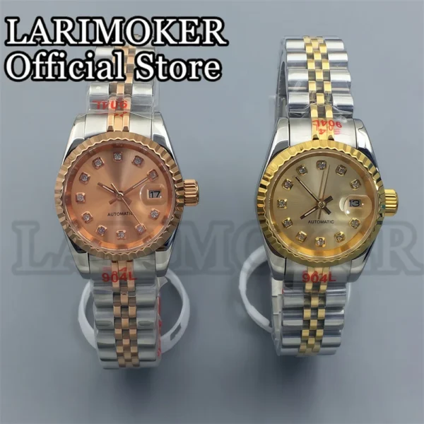 LARIMOKER 26MM ladies mechanical watch masonry index gold rose gold sunburst dial Sapphire Glass two-toneStainless band 1