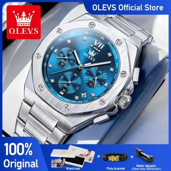 OLEVS 3626 Watches For Men Original Wristwatch Stainless steel Multifunctional Chronograph Waterproof Luminous Quartz Reloj 1