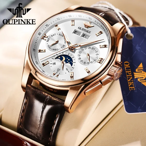 OUPINKE Men's Watches Luxury Automatic Mechanical Wirstwatch Moon Phase Sapphire Multifunctional Watch for Man Leather Bracelet 1