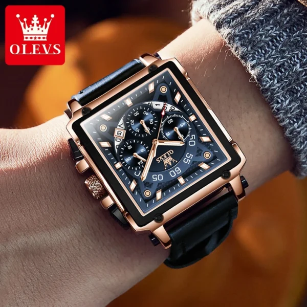 OLEVS Luxury Brand Men's Watches Square Large Dial Waterproof Quartz Watch Male Chronograph Calendar Leather Strap Original 2
