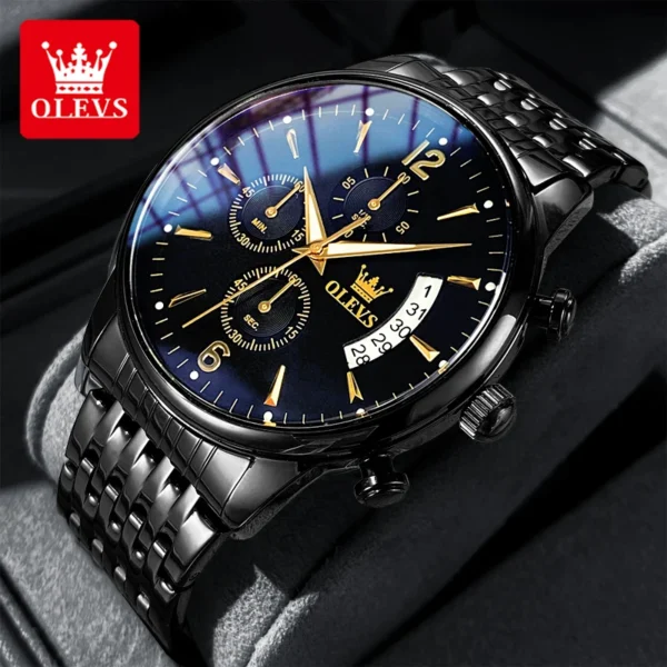 OLEVS Luxury Brand Gold Men's Watches Waterproof Large Dial Date Luminous Quartz Watch Cool black Original Wristwatch for Male 1