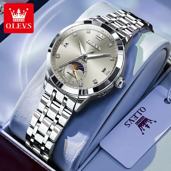 OLEVS Fashion Date Women's Watches Moon Phase 30m Waterproof Automatic Mechanical Watch for Lady Stainless Steel Brand Luminous 1